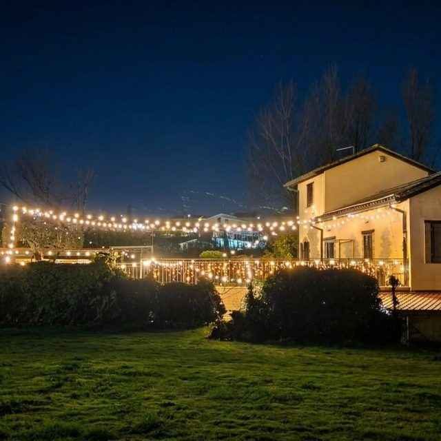 Giardino illuminato con luci decorative e una casa di notte.